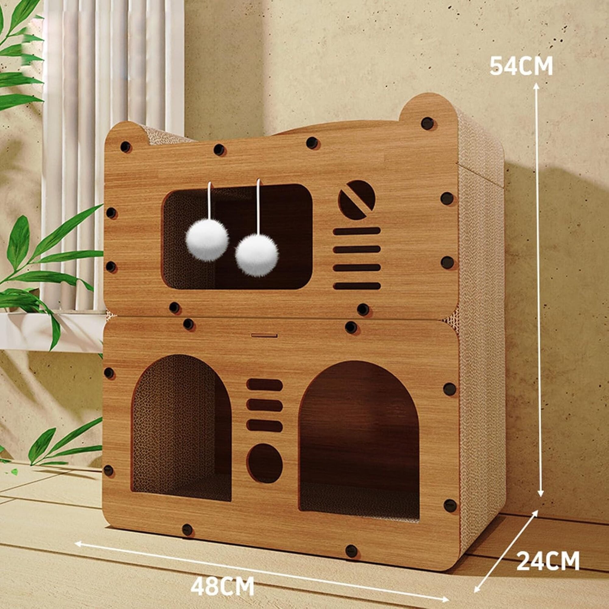 Double-Layer Cat House with Scratching Surface and Plush Balls, Multi-Level Cat Condo Bed, Durable Corrugated Paper Cat Furniture for Indoor Cats, 48×24×54 cm Double-Layer Cat House with Scratching Surface and Plush Balls, Multi-Level Cat Condo Bed, Durable Corrugated Paper Cat Furniture for Indoor Cats, 48×24×54 cm